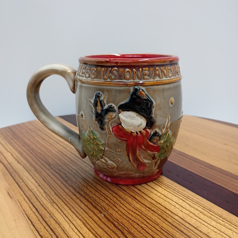 Snowman Coffee Mug “Bless Us One And All” Winter Brown Glazed Christmas